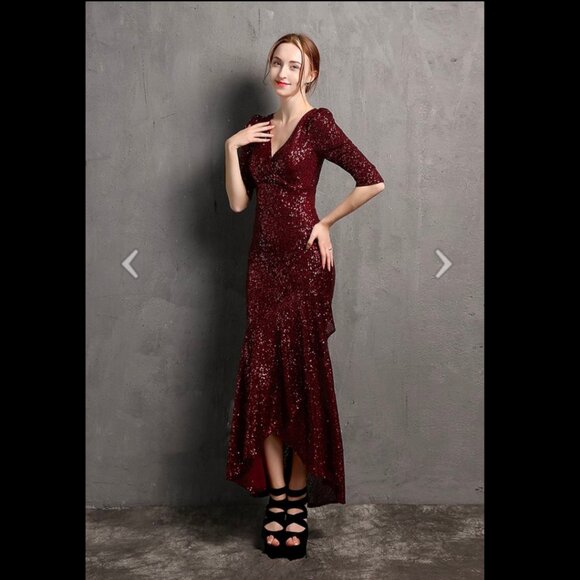 Chicwish | Elbow Sleeve Ruffle Sequined Gown | Burgundy | XL - Picture 5 of 15